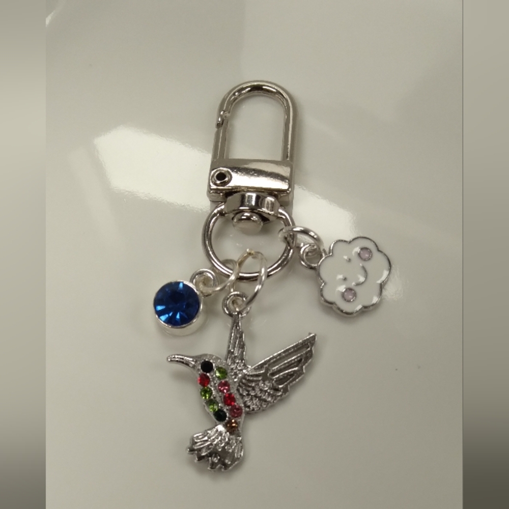 Silver Hummingbird Bird Key Charm with Blue and Multicolor Accents